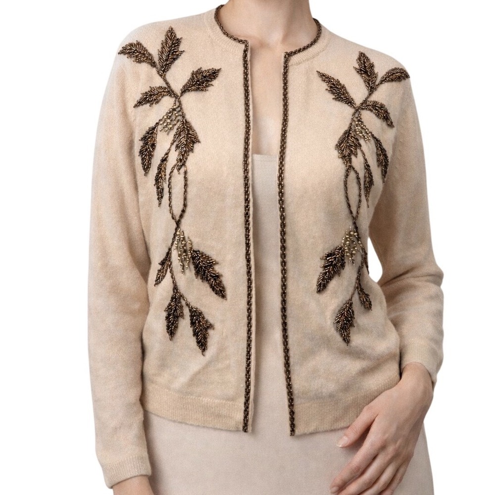 Vintage 60s Beaded Leaf Cashmere Cardigan Sweater Women's Size Small Cropped